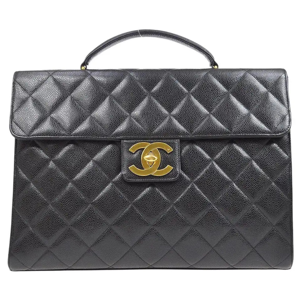 CHANEL Black Caviar Leather Gold CC Briefcase Travel Business Bag | 1stDibs