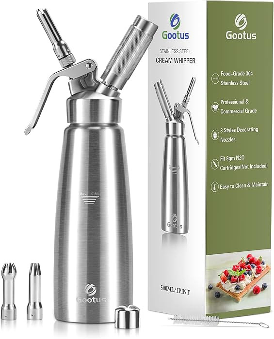 Professional Whipped Cream Dispenser - Stainless Steel Whipped Cream Maker, Large 500ml / 1 Pint Capacity Whip Canister, Includes 3 Various Stainless Culinary Decorating Nozzles and 1 Brush | Amazon (US)