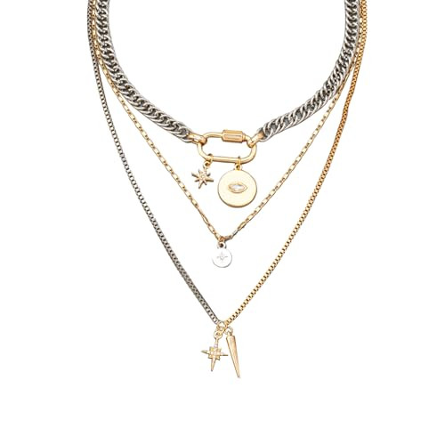 QCWN Mixed Metal Necklace Stack for Women Gold & Silver Two Tone Layered Necklaces for Women Chunky Paperclip Chain Coin Pendant Statement Jewelry Trendy Stacked Necklaces Gifts | Amazon (US)