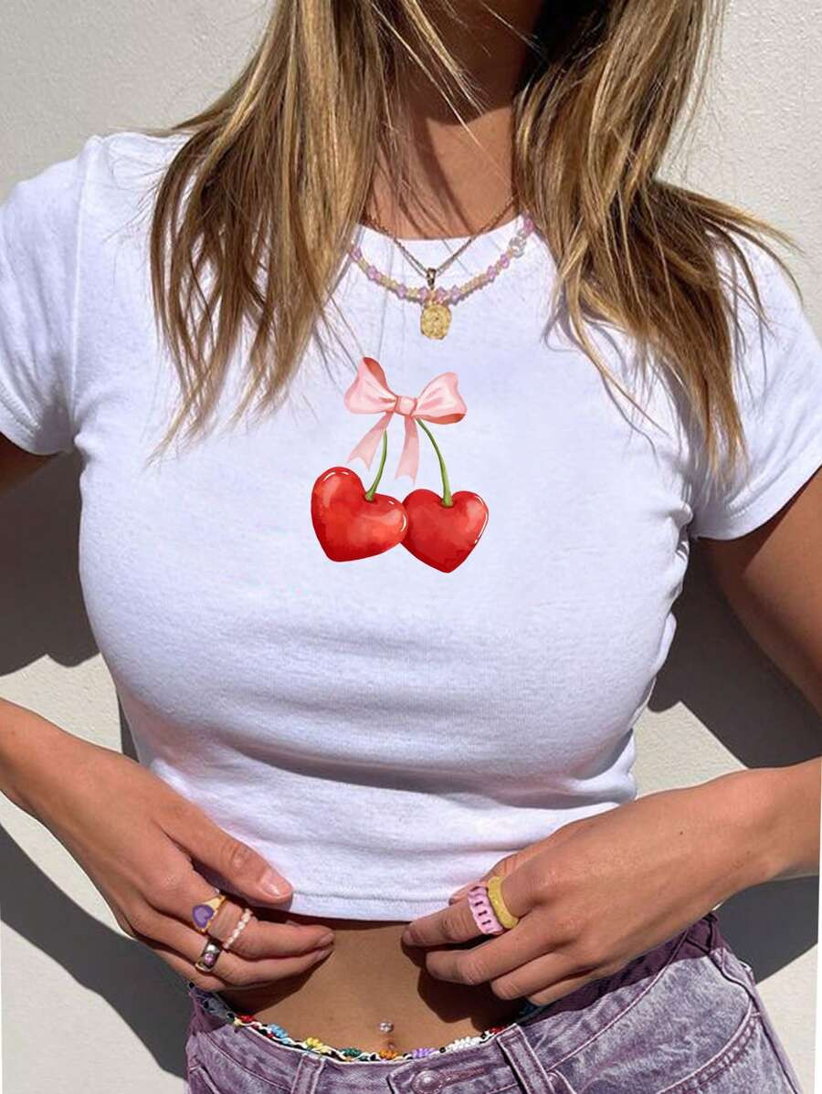 SHEIN EZwear Casual And Simple Cherry Print Round Neck Crop Sleeve Slim Fit Women T-Shirt | SHEIN