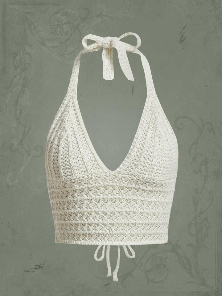 ROMWE Summer Crochet Beach Solid Halter Knit Top | SHEIN