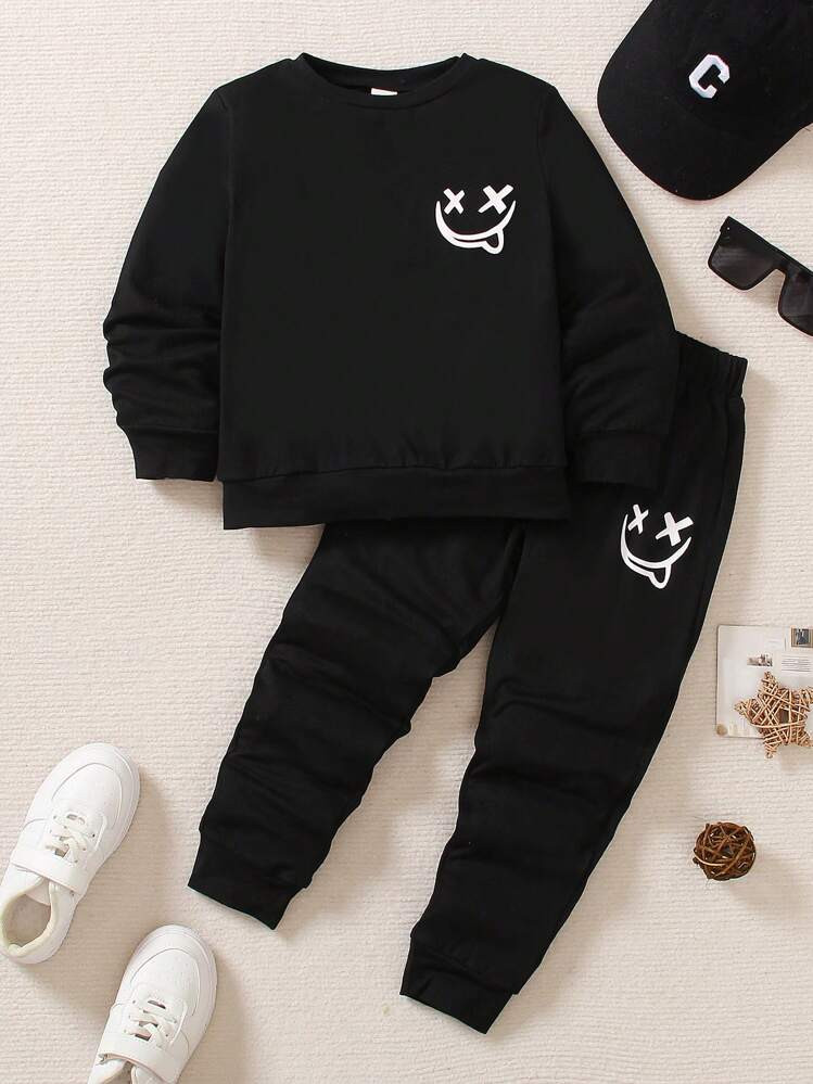 SHEIN Playful Pals 2pcs Young Boys Elastic Knit Crew Neck Smiling Face Print Long Sleeve T-Shirt ... | SHEIN