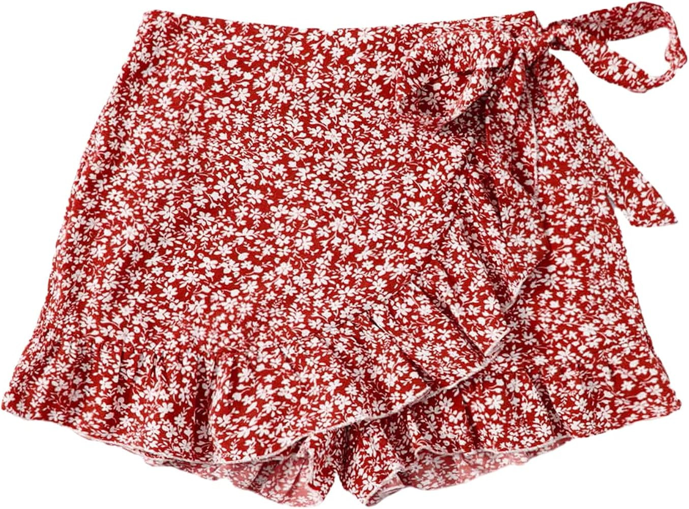 MakeMeChic Women's Boho Floral Print Elastic Waist Ruffle Wrap Tie Skorts Skirt Skorts | Amazon (US)