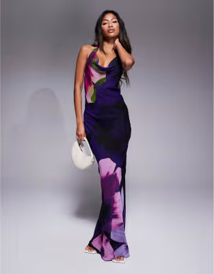 River Island halterneck floral maxi dress in mid purple | ASOS (Global)