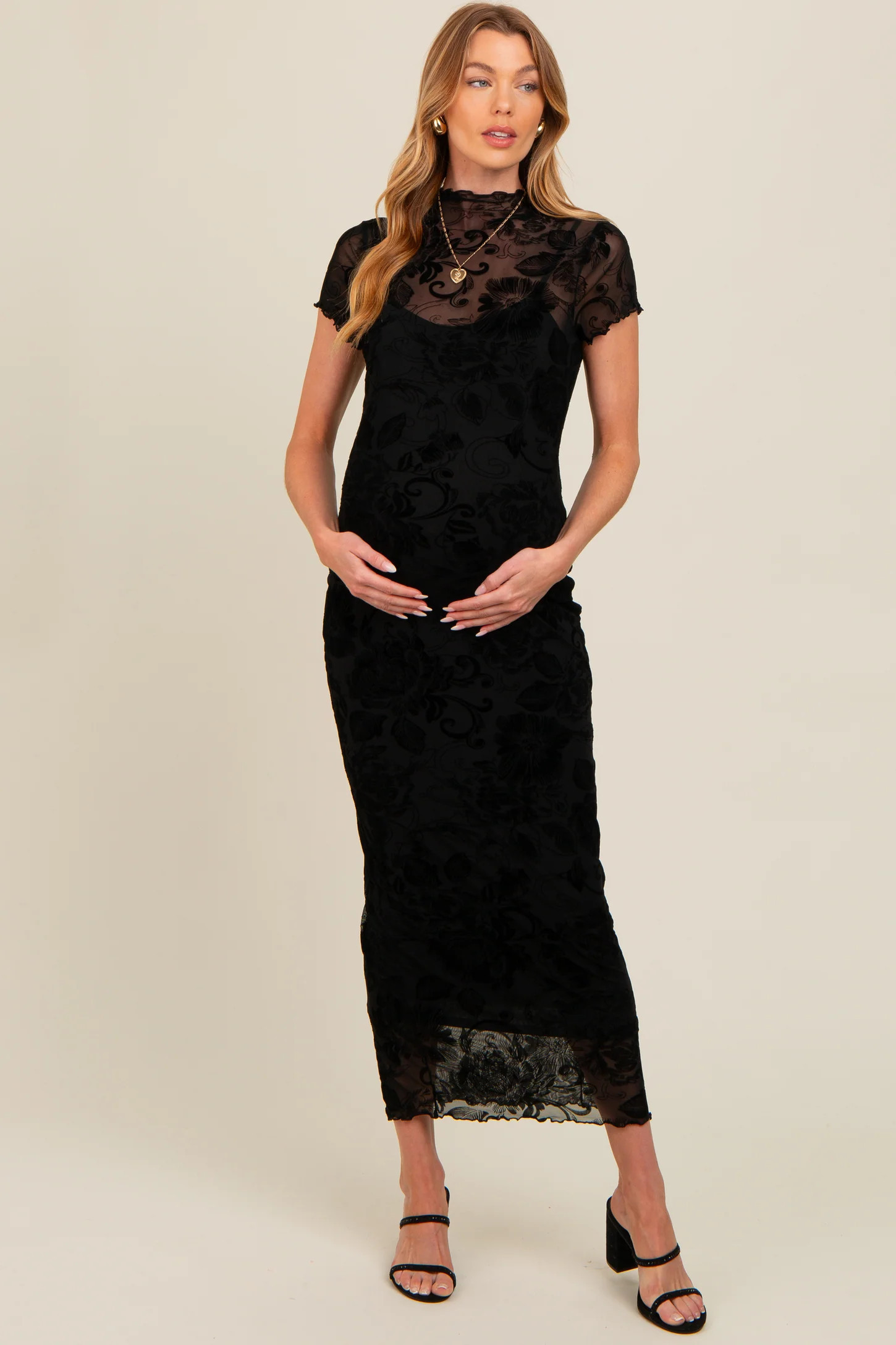 Black Floral Mesh Overlay Fitted Maternity Maxi Dress | PinkBlush Maternity