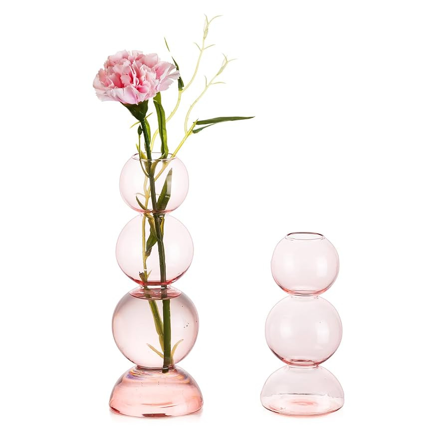 Glass Bubble Vases for Flowers, Hewory 2pcs Pink Unique Cute Single Flower Vase for Centerpieces,... | Amazon (US)