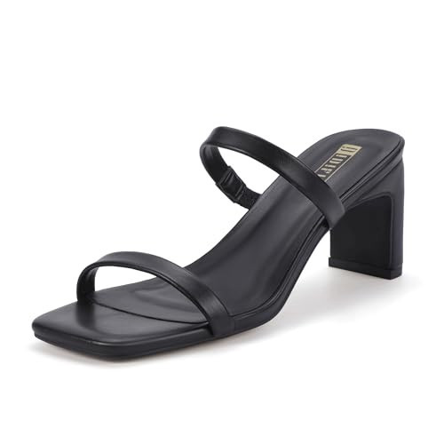 IDIFU Black Heels For Women Low Block Chunky Heels Square Open Toe Heels Two Strap Slip On Comfortable Slides Heeled Sandals Sexy Wedding Prom Party Dress Shoes Mule Short Heels(Black Pu 5.5) | Amazon (US)
