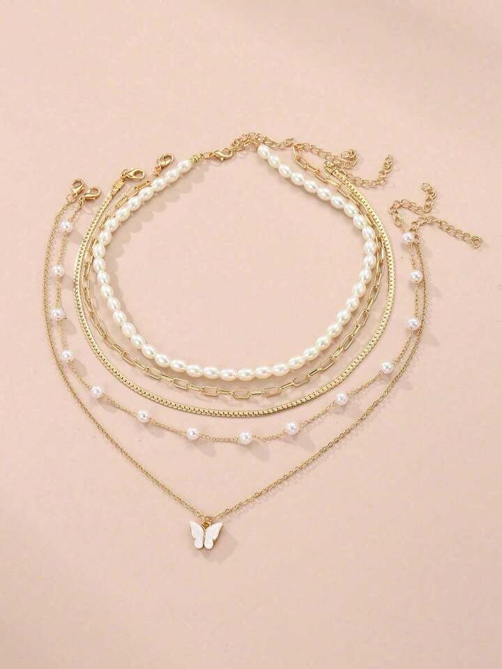 5pcs/Set Simple Pearl & Butterfly Pendant Necklace Set With High-End Design, Suitable For Daily And Commuting Wear | SHEIN