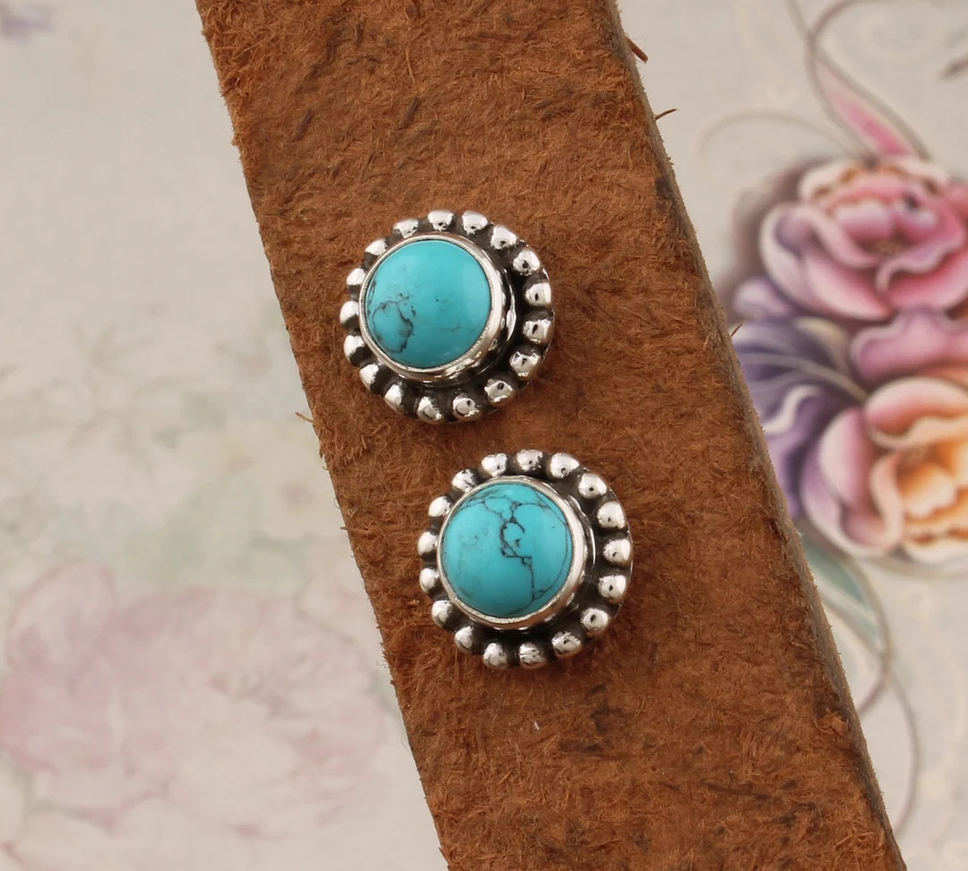 Turquoise Stud Earrings: Handmade Sterling Silver Round Earrings - Etsy | Etsy (US)