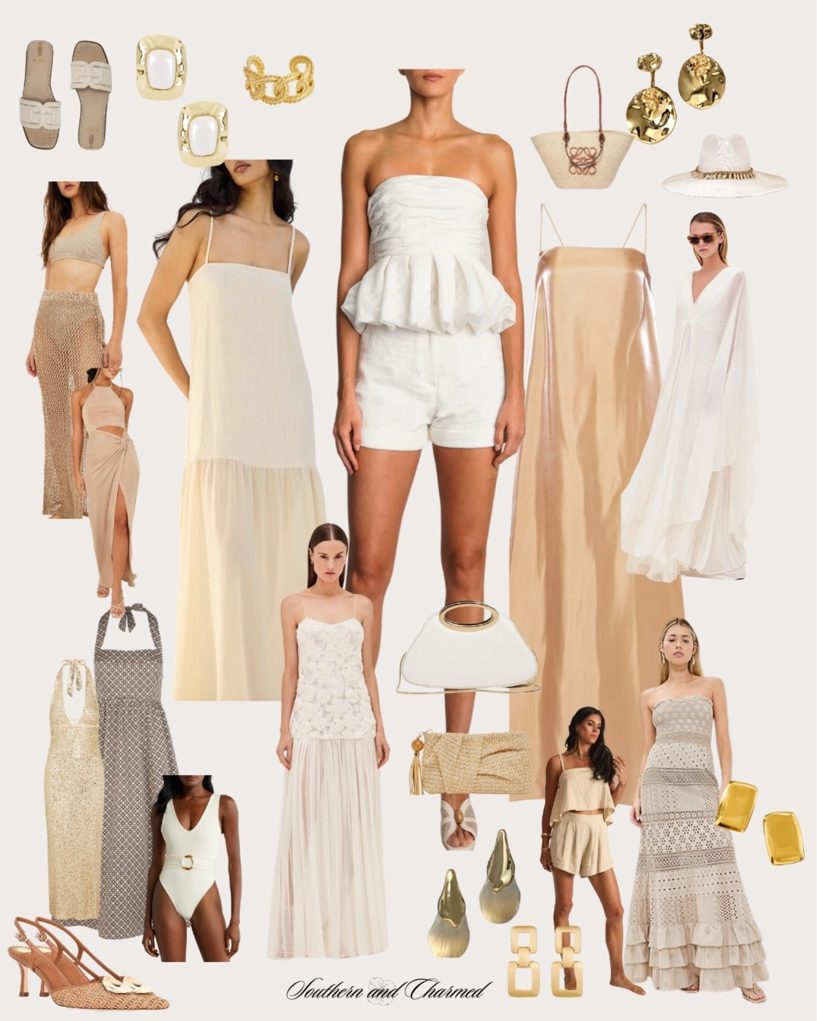 White and gold resort wear, white peplum top, gold maxi dress, resort wear, spring break outfit, spring break dress, chic swimwear, maxi dress, bridal, honeymoon, destination wedding, gold statement jewelry, linen, raffia

#LTKSwim #LTKStyleTip #LTKBump