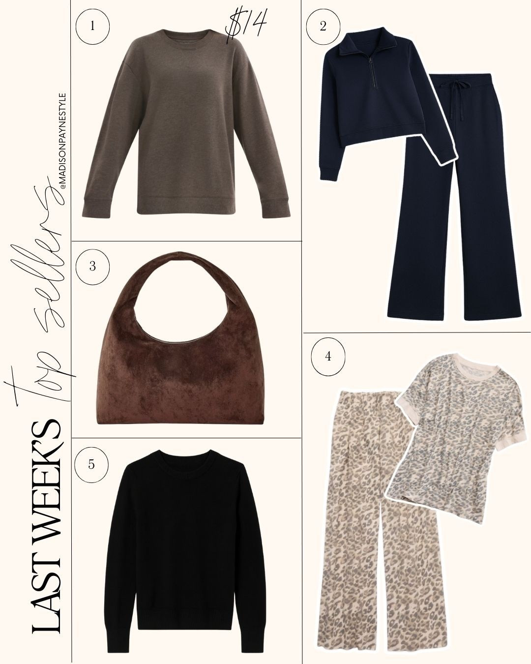Last week’s best sellers include a $14 sweatshirt that comes in several additional colors, a repeat best seller 2-piece set, a fall handbag, a matching set from Aerie that is so soft, and a $50 cashmere sweater🥰

Best sellers, fall outfits, fall fashion, Amazon 2-piece set, quince, Target handbag, fall handbag, Walmart sweatshirt, Madison Payne 

#LTKStyleTip #LTKSeasonal #LTKFindsUnder50