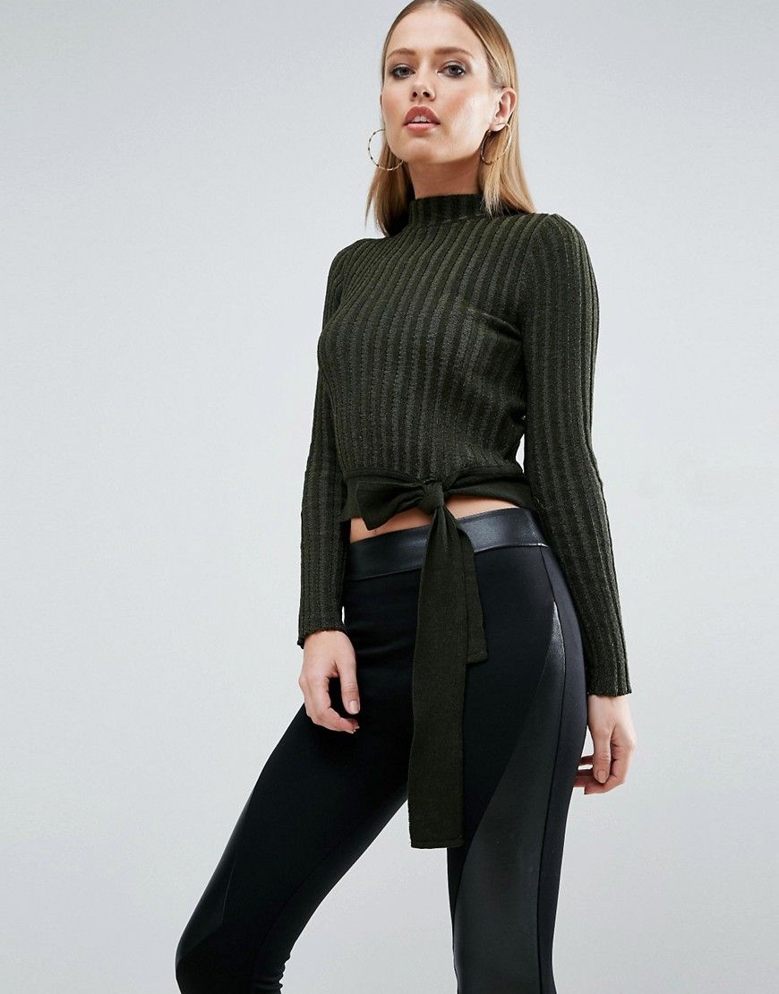 ASOS Crop Sweater In Rib With Turtleneck And Tie - Green | ASOS US