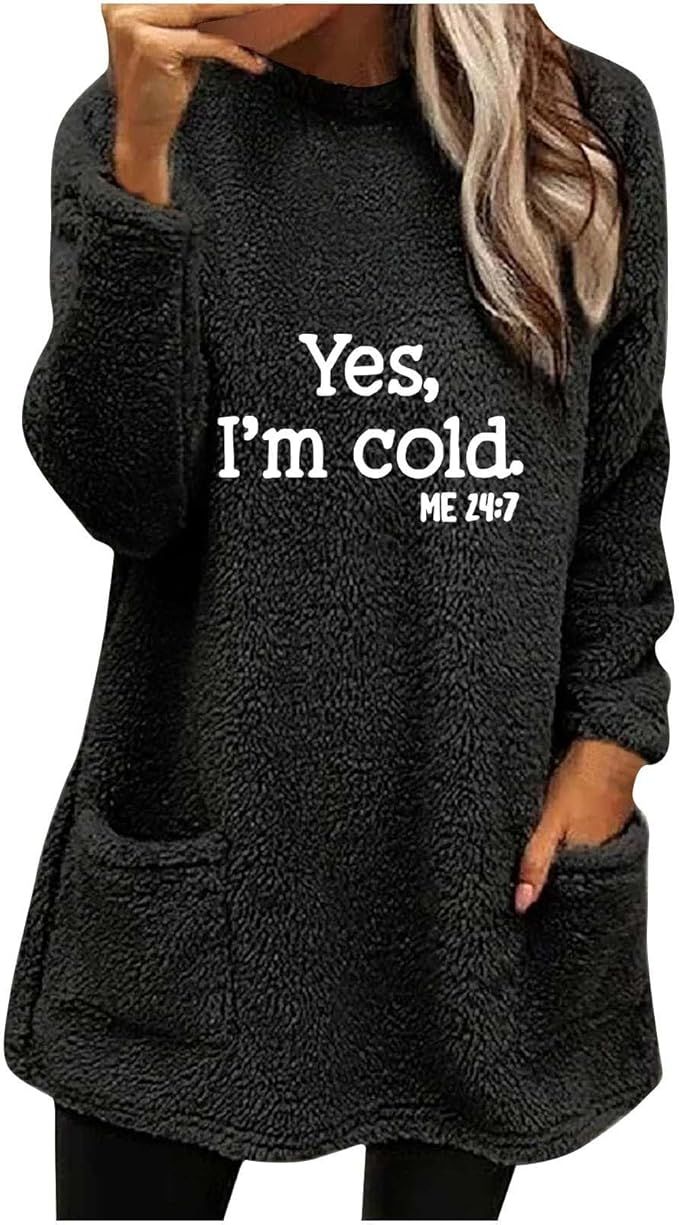 Long Fleece Sweatshirt for Women Fashion Graphic Print Pullover Tops Sherpa Linend Pullover with ... | Amazon (US)