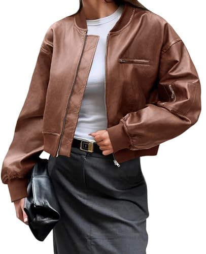 Cicy Bell Womens Faux Leather Bomber Jacket Cropped Biker Coat with Pockets | Amazon (US)