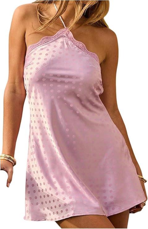 Floerns Women's Polka Dots Halter Neck Satin Mini Dress Backless Lace Trim Night Out Party Dresse... | Amazon (US)