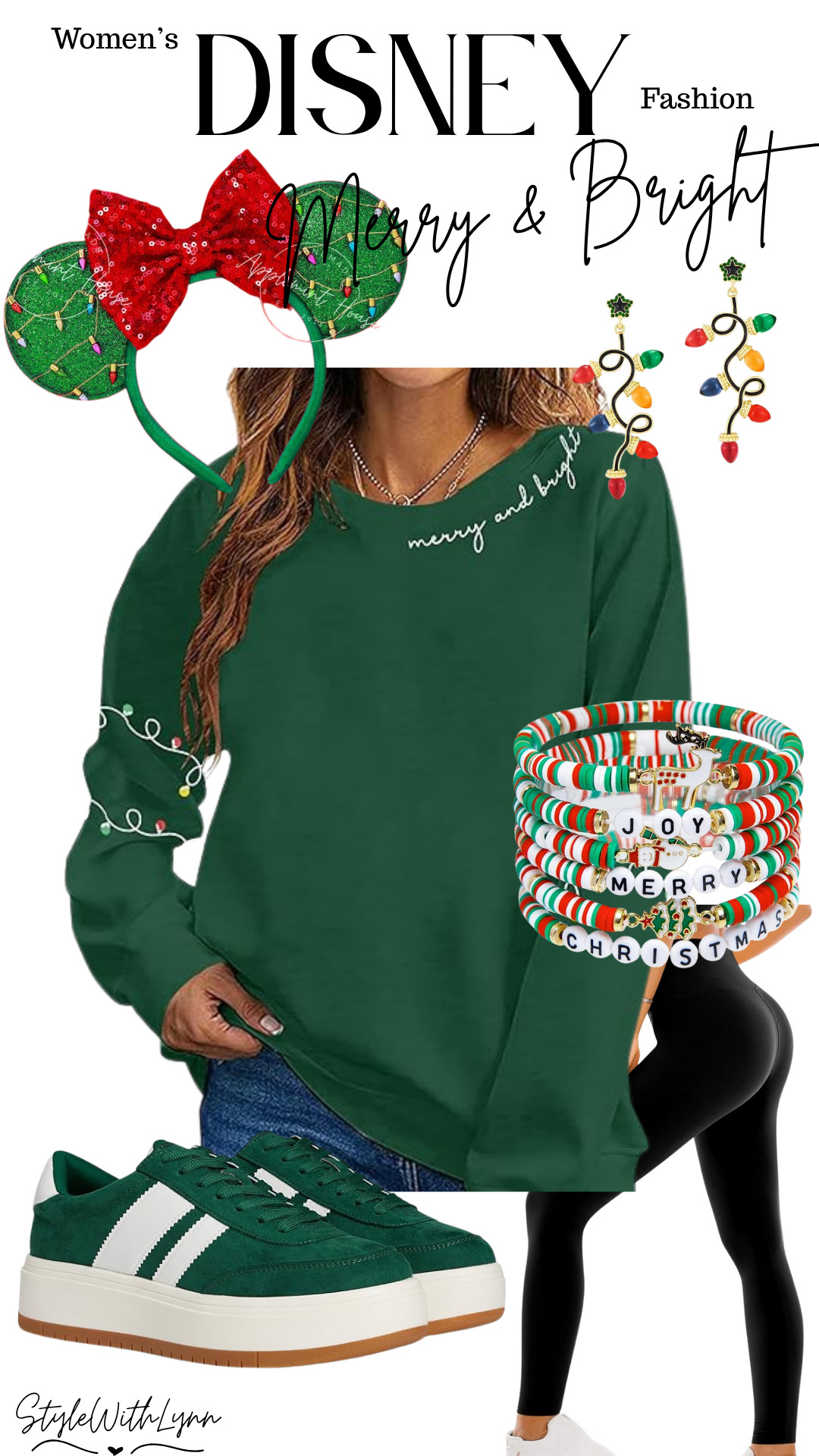 Get ready to sleigh the parks in this festive and comfy Disney Christmas outfit for women! 💚❤️ The Merry & Bright sweatshirt pairs perfectly with holiday Minnie ears, Christmas light earrings, and colorful beaded bracelets for the ultimate Disney holiday park look.

🎁 Add green sneakers and black leggings for a comfy, cute park day fit that’s perfect for sipping cocoa on Main Street or watching the Christmas parade!

Shop this Disney holiday outfit, Christmas park look, and more Merry & Bright Disney finds below ↓

#DisneyChristmasOutfit #DisneyHolidayStyle #DisneyWorldStyle #DisneyParksOutfit #ChristmasAtDisney #DisneyFashionInspo #HolidayOutfitIdeas #DisneyStyle #MerryAndBright #StyleWithLynn #LTKHoliday #LTKDisney #LTKStyle 

 #LTKHoliday #LTKSeasonal #LTKTravel