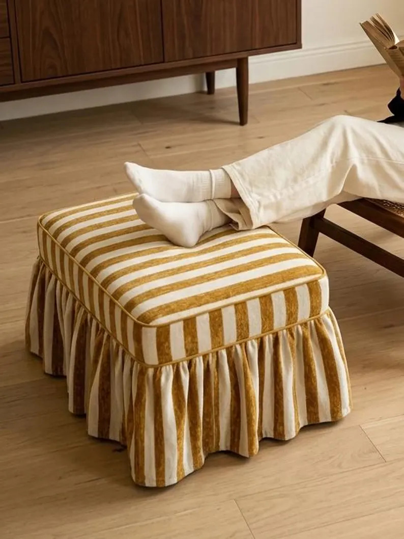 Mustard White Stripe Ruffled Ottoman Slipcover, Mustard White Stripe Ruffled Ottoman Slipcover, F... | Etsy (Global)