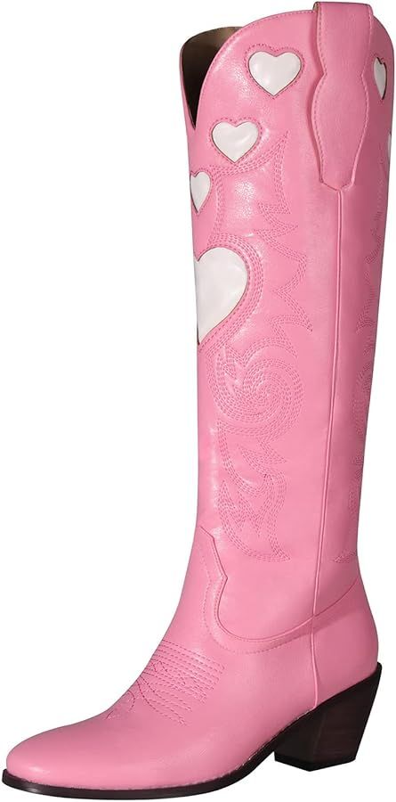 Kluolandi Pink Cowboy Boots for Women Embroidered Pull-On Chunky Stacked Heel Knee High Western C... | Amazon (US)