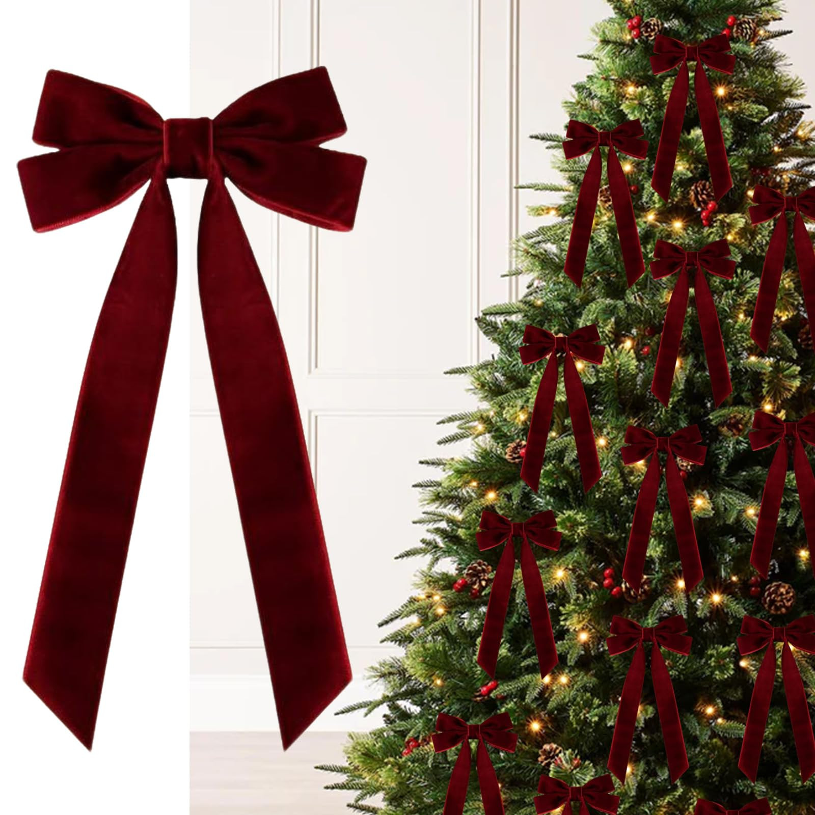 Burgundy Velvet Christmas Ornaments, 5x10 Inch Burgundy Bows for Christmas Tree Vintage Velvet Ri... | Amazon (US)