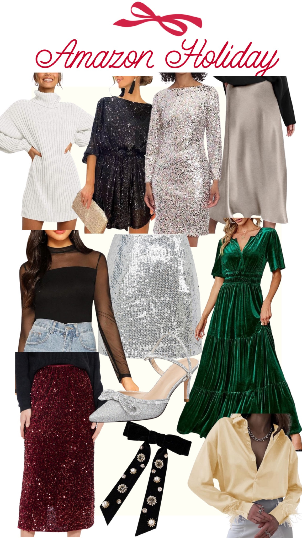 Amazon holiday outfits. Amazon fashion. Amazon finds. Holiday dresses. Sequined dress. Sequined skirt. Satin slip skirt. Green velvet dress. Black sheer top. Sweater dress
.
.
.
…… #ltkunder50 

#LTKfindsunder100 #LTKstyletip #LTKHoliday
