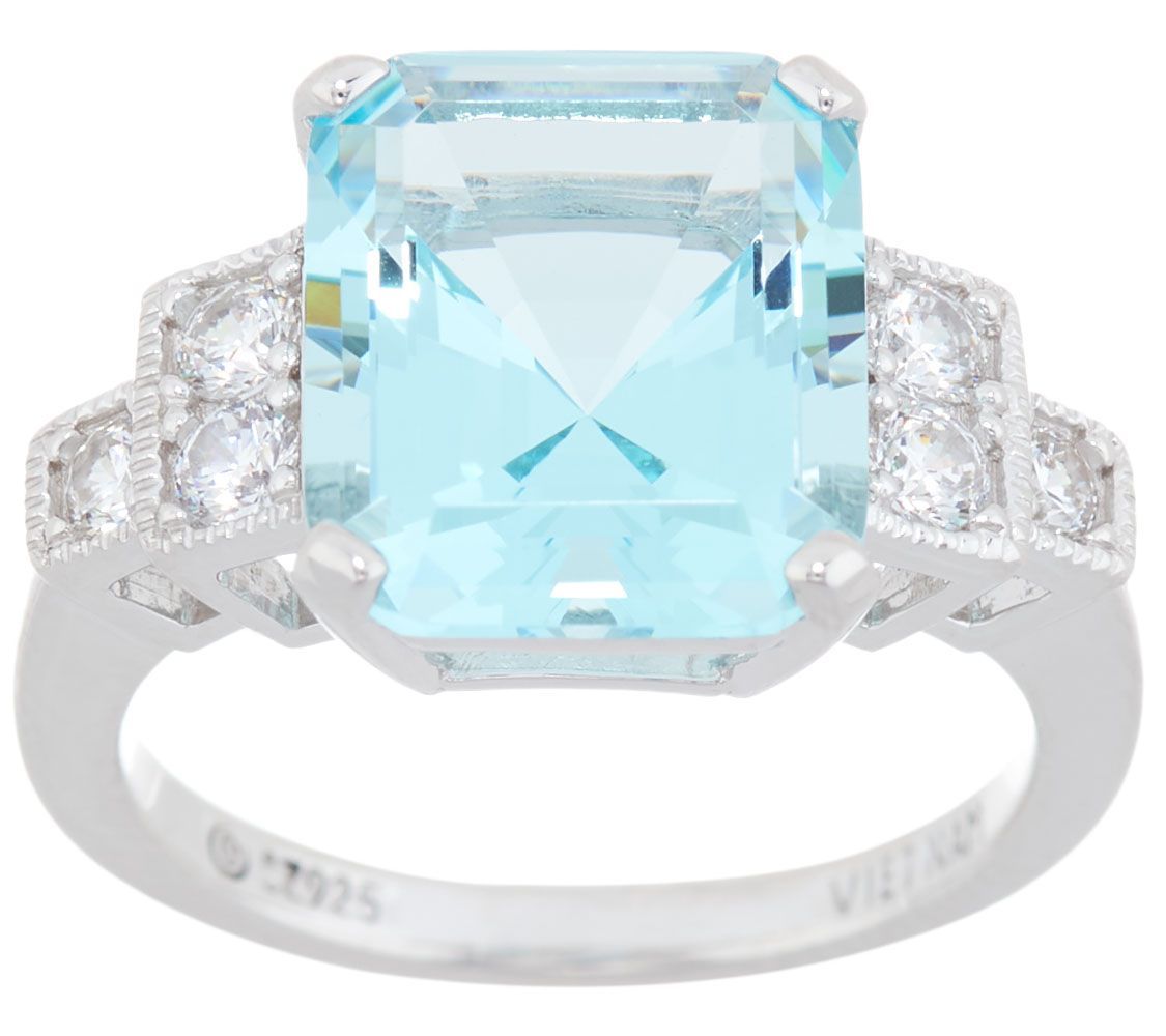 Diamonique and Emerald-Cut Simulated Aquamarine Ring Sterling Silver | QVC