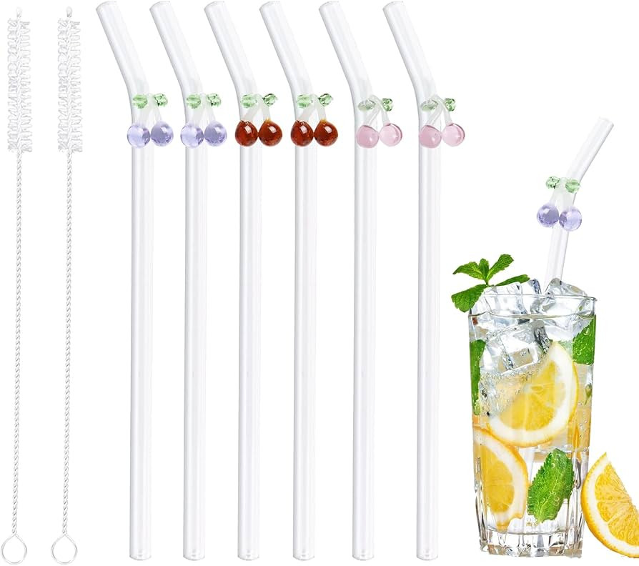 6 Pack Glass Straws, Clear Cute Glass Straws with Cherry Design, Reusable Glass Drinking Straws w... | Amazon (UK)