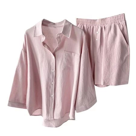 KaLI_store Plus Size Short Sets Women s Casual 2 Piece Outfits Button Down Shirt Top Paper Bag Short | Walmart (US)