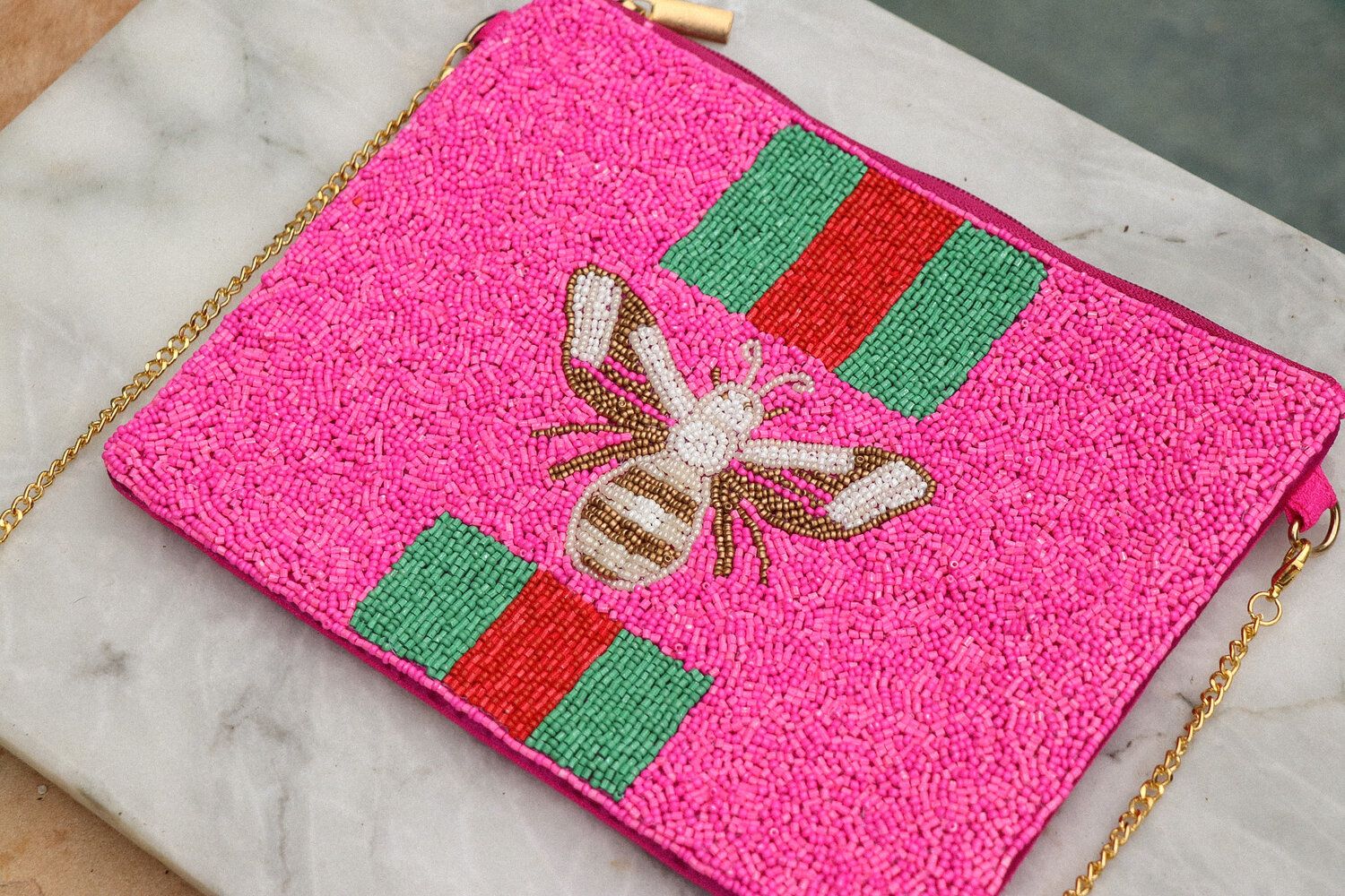 Pink Beaded Clutch with Bee | The Gilded Hive