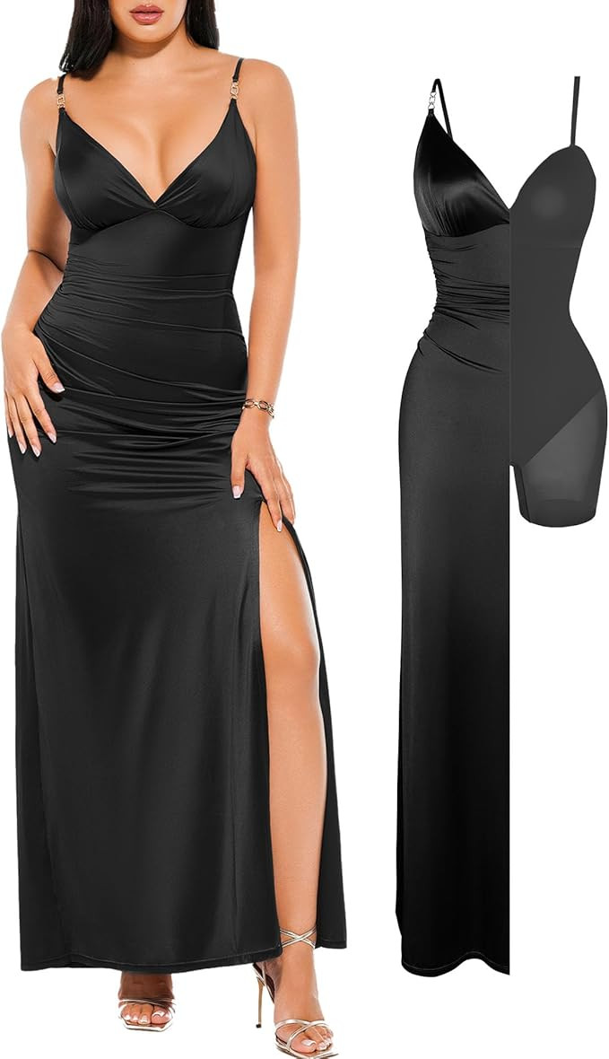 Popilush Women's Sexy Maxi Dress Deep V Neck Ruched Shapewear Dresses Side Slit Formal Cocktail P... | Amazon (US)