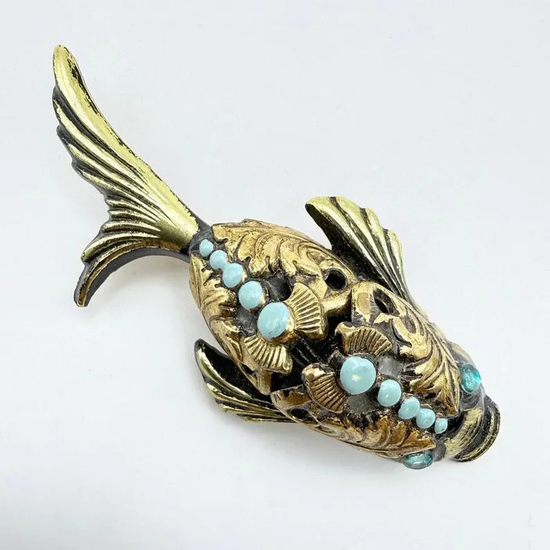 Vintage Signed DEIN GERMANY Carp Fish Brooch Pin Gold Tone Blue Cabochons | Etsy (Global)