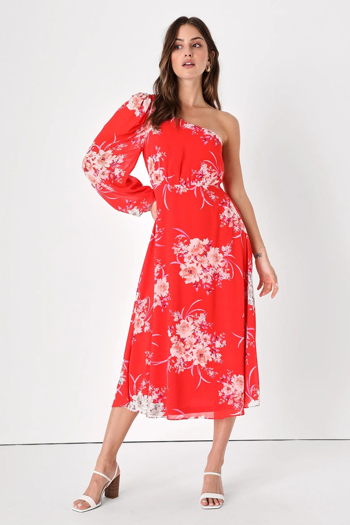 Brunch Besties Red Floral Print One-Shoulder Midi Dress | Lulus (US)