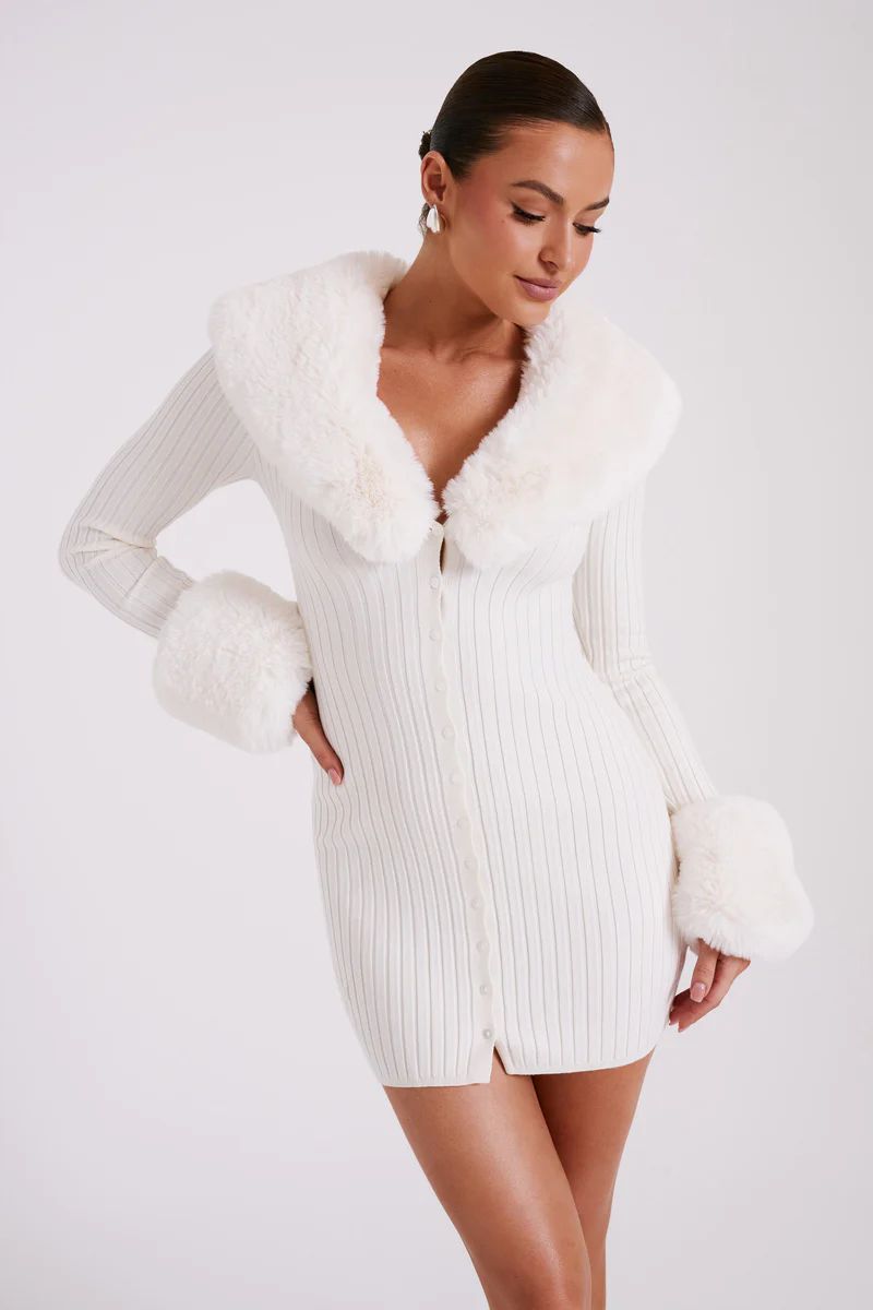 Aurora Fur Trim Knit Mini Dress - Ivory | MESHKI US