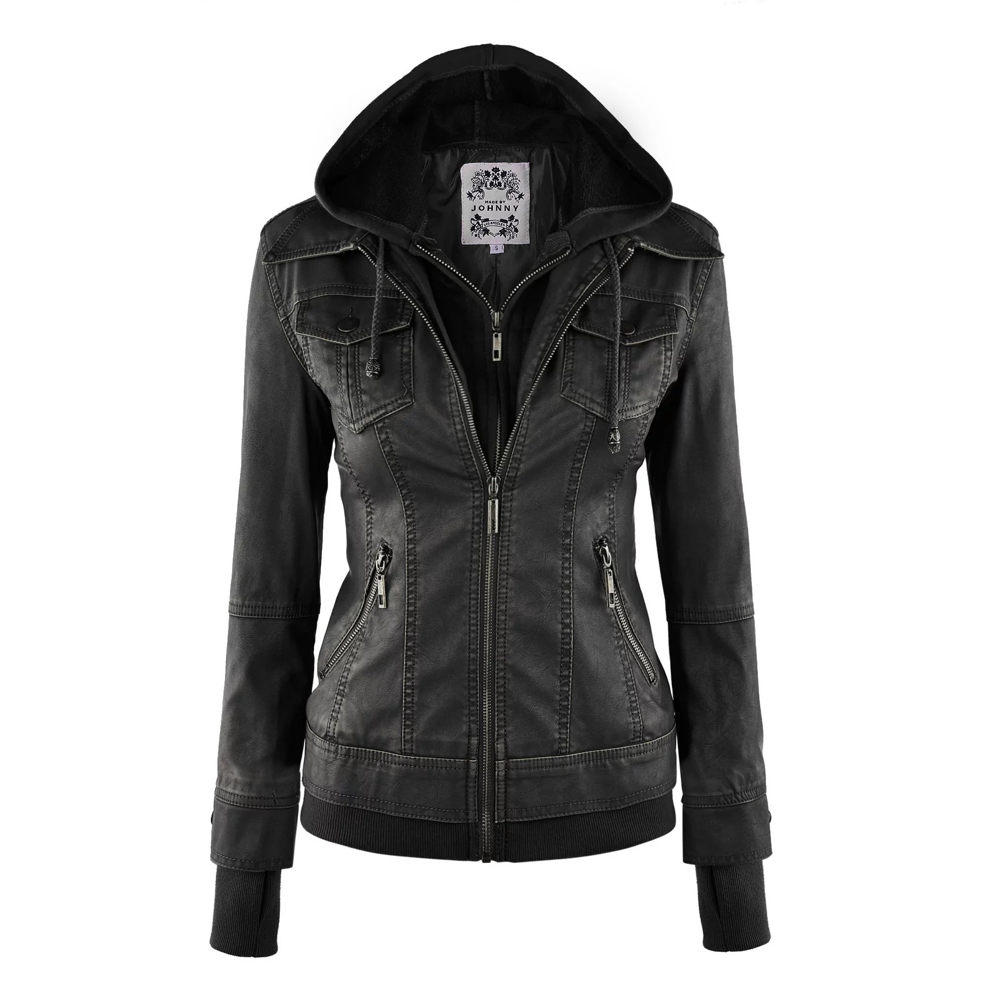 MBJ WJC664 Womens Faux Leather Jacket with Hoodie M BLACK | Walmart (US)