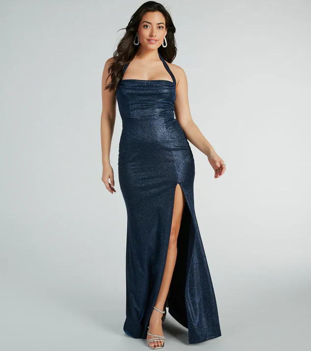 Elsa Halter Slit Mermaid Glitter Formal Dress | Windsor Stores