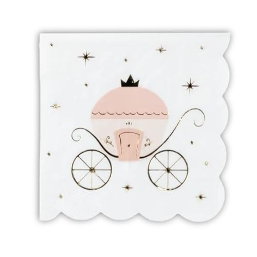 Princess Carriage Cocktail Napkins, Pink and White, Scalloped Edges, Gold Foil Details | Amazon (US)