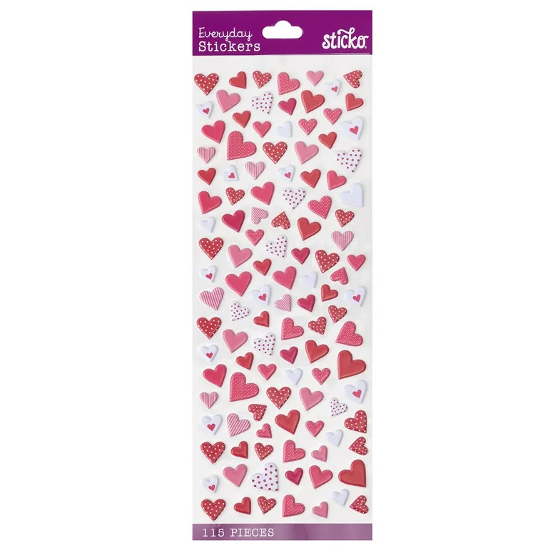 Sticko Puffy Small Multicolor Hearts Everyday Paper Stickers, 113 Pieces | Walmart (US)