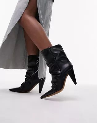 Topshop Wide Fit Nadia real leather pointed cone heel ankle boot in black | ASOS (Global)