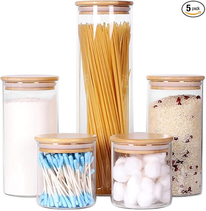 Glass Kitchen Containers with Bamboo Lids, Set of 5 Glass Jars with Airtight Wood Lids for Pantry... | Amazon (US)