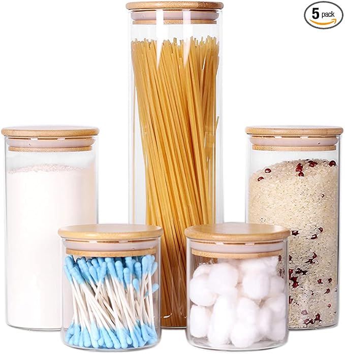Glass Kitchen Containers with Bamboo Lids, Set of 5 Glass Jars with Airtight Wood Lids for Pantry... | Amazon (US)