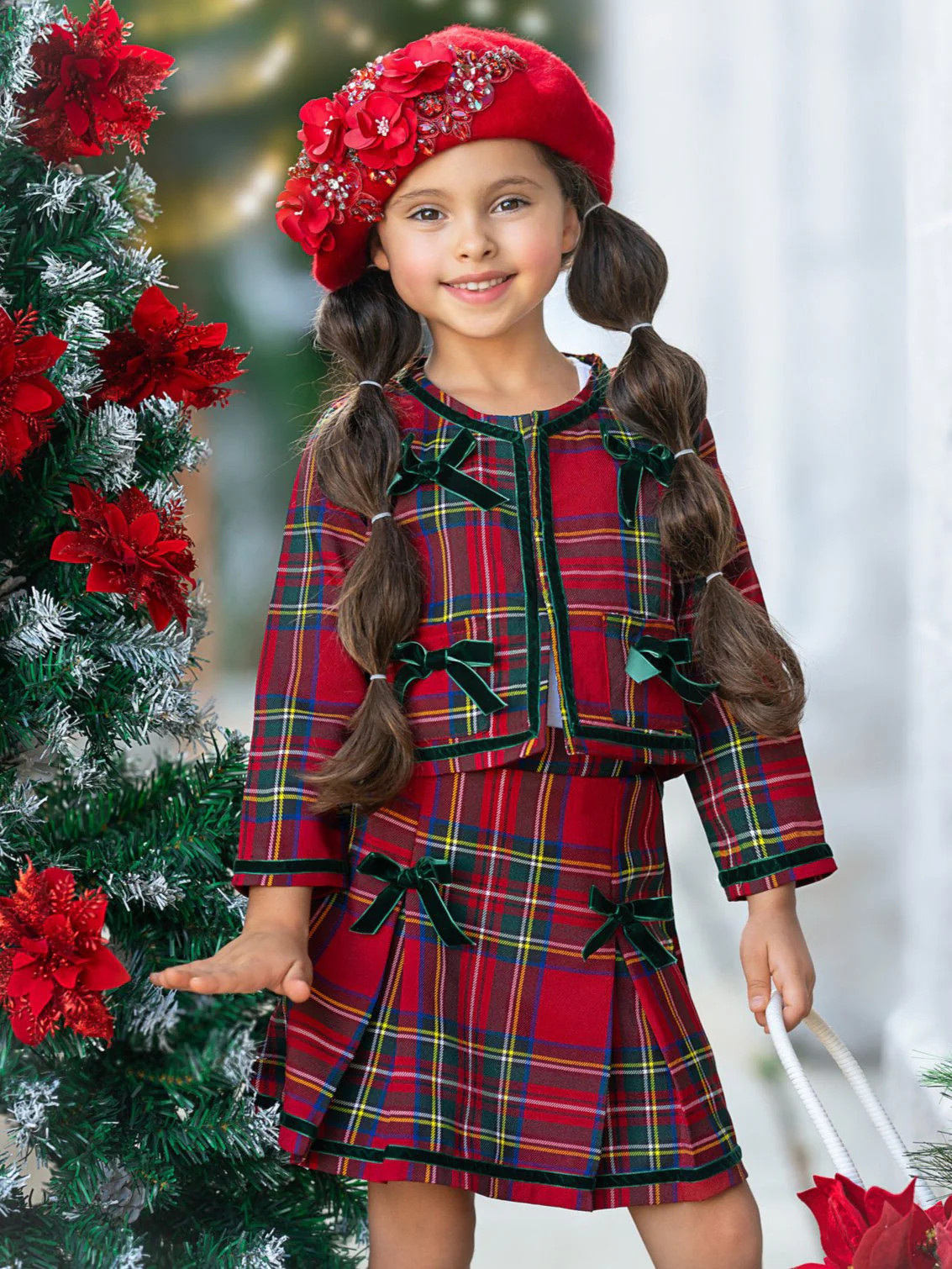 Made For Fashionistas Festive Plaid Tweed Blazer And Skirt Set | Mia Belle Girls