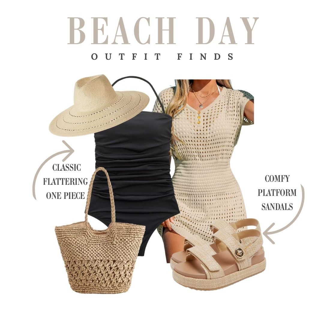 A simple beach day look with a flattering black one piece, easy knit cover up, and comfy platform sandals.

#LTKOver40 #LTKmomlife #LTKSeasonal