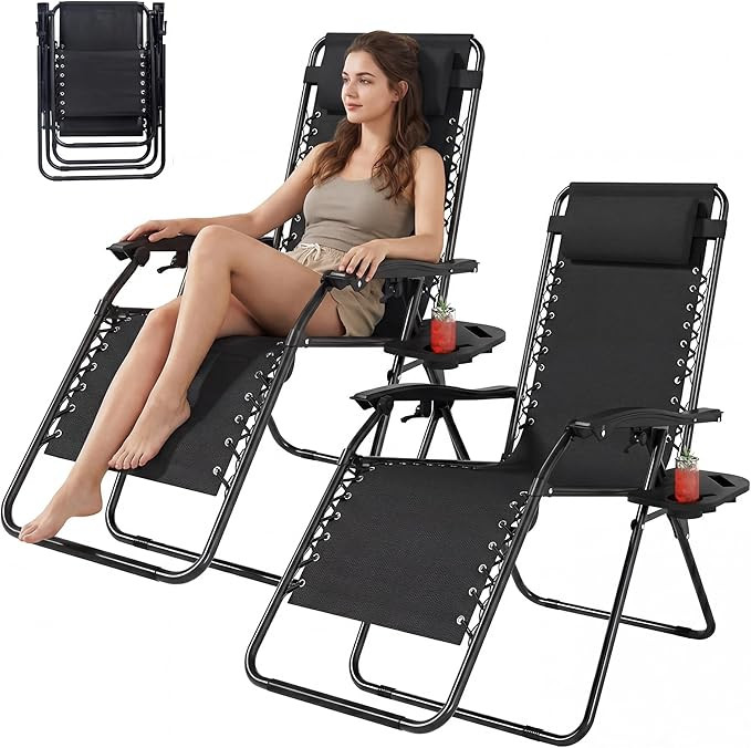 Outdoor Zero Gravity Chairs Set of 2 with Cup Holder & Removable Pillows, Adjustable Folding Recl... | Amazon (US)