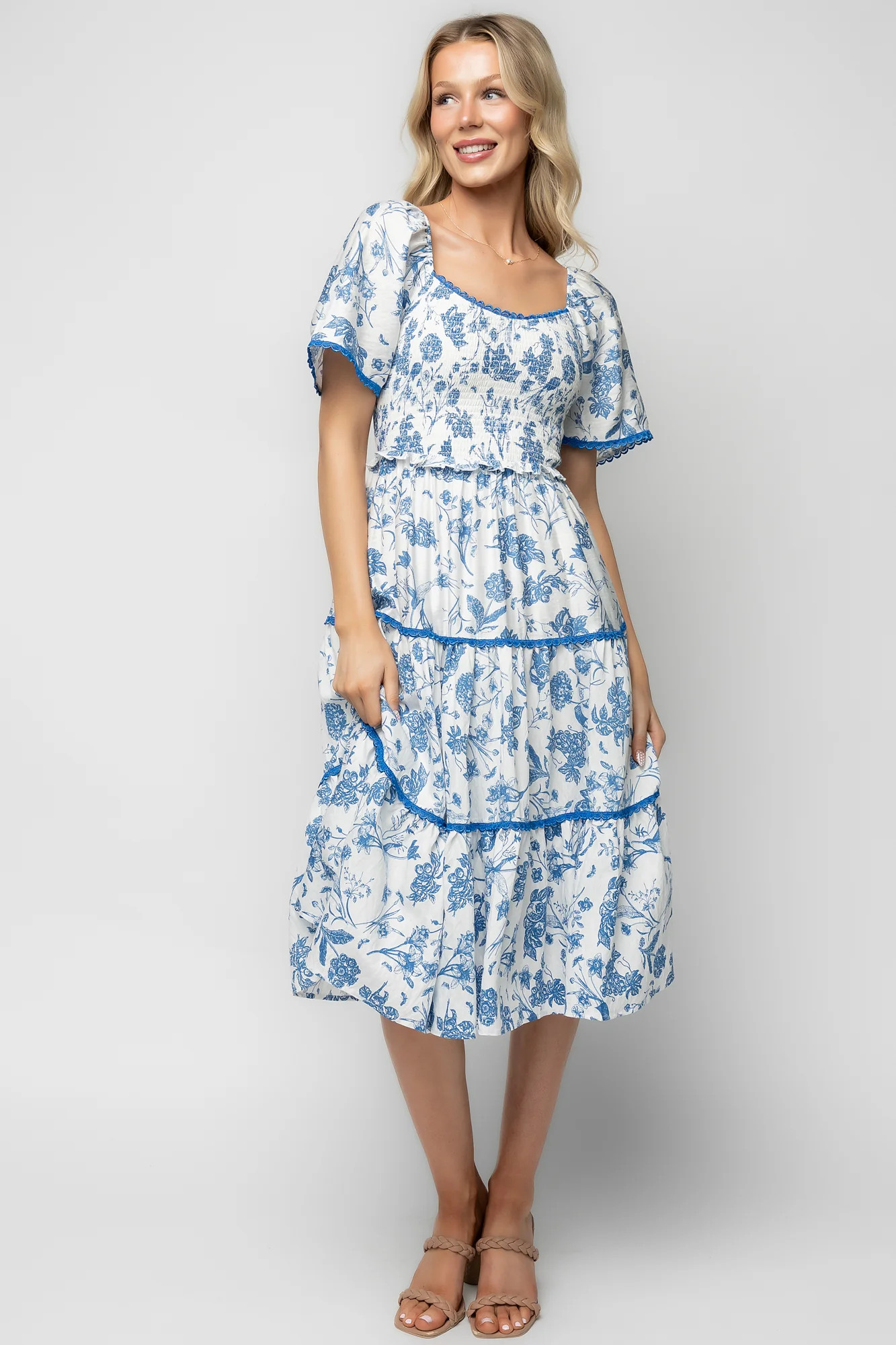 Freya Tiered Midi Dress - White + Blue Floral | Baltic Born | Baltic Born
