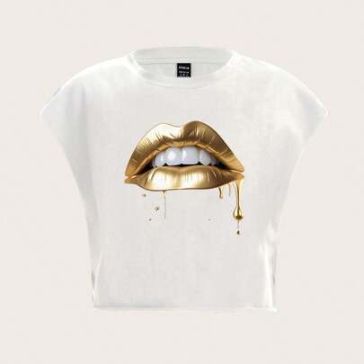 Casual Lip Print Round Neck Short Sleeve Loose Cropped Women T-Shirt, Suitable For Summer | SHEIN