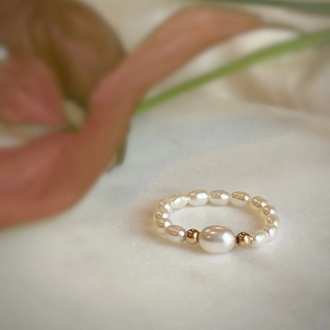 Pearl Ring. Beaded Ring. Elastic Ring. Ring. Stretch Ring. June Birthstone Ring. 14kt Gold Filled... | Etsy (US)