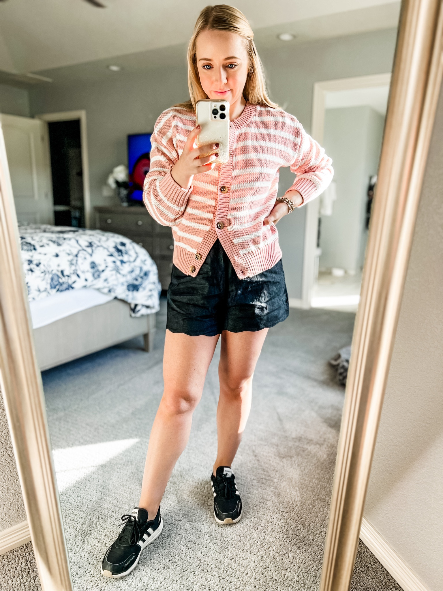 Scalloped shorts fit true to size! Stripped cardigan is limited in sizes, linking a similar option. 

Casual outfit. Spring outfit. Shorts. Mom outfit. 

#LTKFindsUnder100