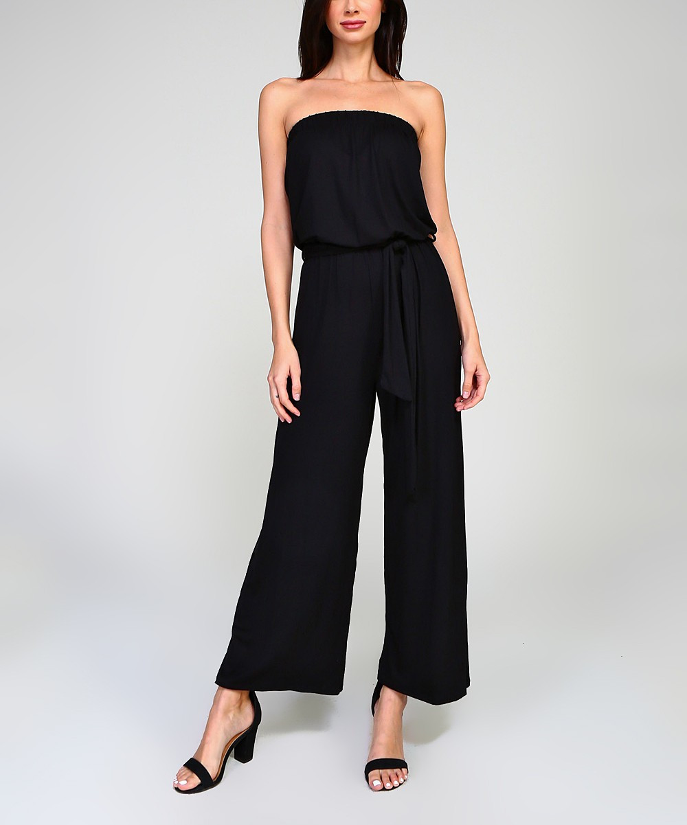 2 Hearts Women's Jumpsuits Black - Black Waist-Tie Strapless Jumpsuit - Women | Zulily