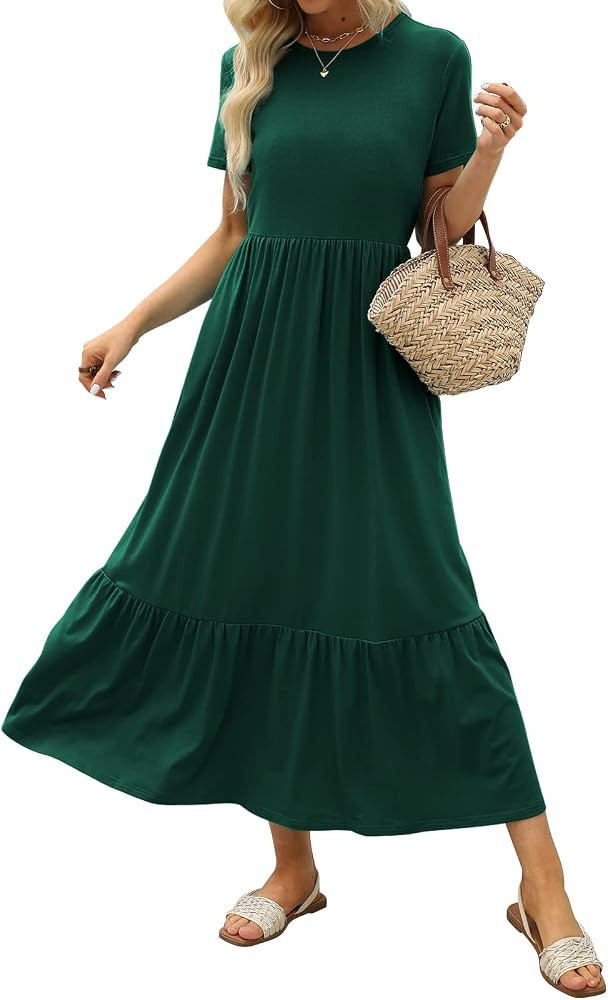 LILLUSORY Womens Short Sleeve Crew Neck Tiered Flowy Swing Midi Dresses with Pockets | Amazon (US)