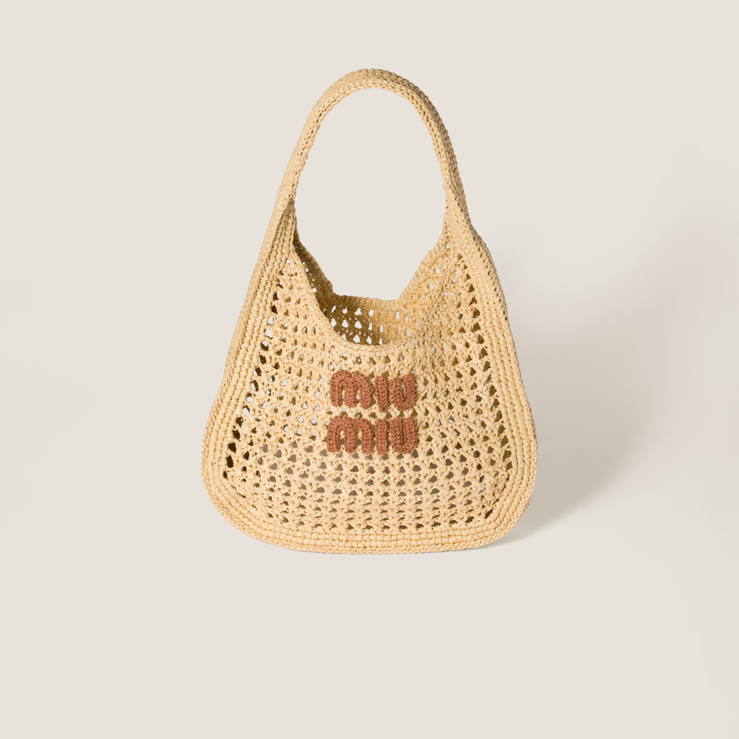 Beige/cognac Raffia-effect Woven Hobo Bag | Miu Miu | Miu Miu US