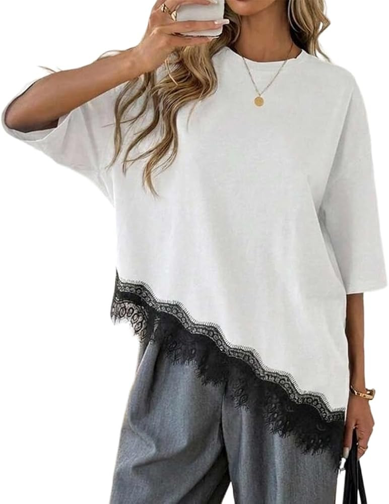 Women Oversized Asymmetric Hem Half Sleeve Lace Tee Shirts Trendy Summer Casual Lace Trim Crewnec... | Amazon (US)